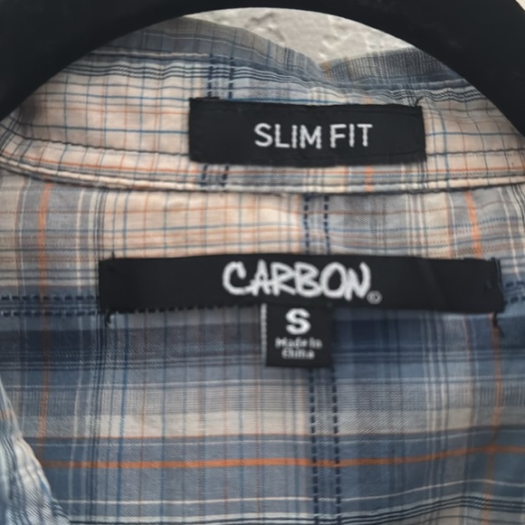 Carbon Slim Fit Long Sleeve Blue Beige Plaid Shirt Men’s Size S - Picture 3 of 5